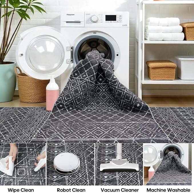 3x6 Moroccan Runner Rug Washable: Non Slip Pets Friendly Runners Black | Hallway Rug Low Pile Soft Indoor Floor Mat Front Door for Kitchen Bedroom Entryway Laundry