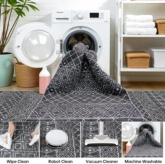 2x8 Black Moroccan Geometric Hallway Runner:Washable Non Slip Rug | Modern Boho Mat, Soft Stain Resistant, Easy to clean, Suitable for Kitchen Entryway Bedroom, Pet Family Friendly