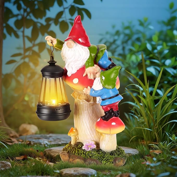 Garden Gnomes Outdoor Statues with Light, Gnomes Decorations for Yard, Solar Garden Gnome Climbing on Mushroom, Lawn Ornaments for Patio, Balcony Housewarming- Unique Women Gifts
