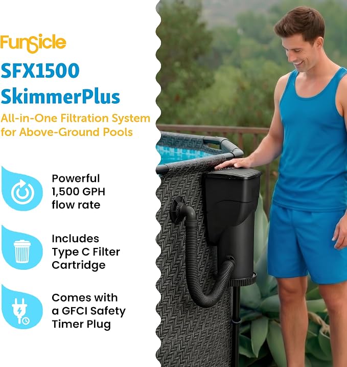 Funsicle SkimmerPlus 1,500 GPH Filter Pump for Above Ground Swimming Pools | 2-in-1 Filter Pump and Skimmer System for Easy Pool Cleaning & Maintenance, Sidewall-mounted design with Filter Cartridge