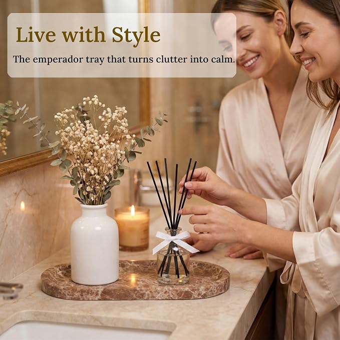 Light Emperador Marble Vanity Tray for Bathroom Counter, 10"x5" Decorative Tray for Perfume, Candles, Stone Jewelry Dish Tray