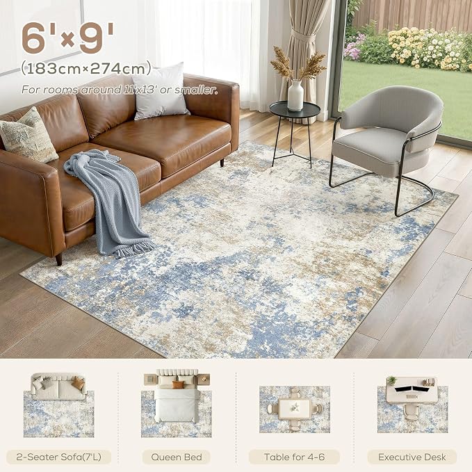 Nakagishi 6X9 Abstract Washable Area Rugs for Living Room-Blue Brown | Modern Non-Slip Silicone Backing Low Pile Soft Carpet for Bedroom Dining Decor for Families with Kids and Pets