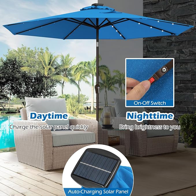 Giantex 9ft/10ft Outdoor Patio umbrella with Solar Lights, Table Market Umbrella with Crank and Push-button Tilt System, Solar LED Lighted Patio Umbrella for Backyard Deck Pool Beach