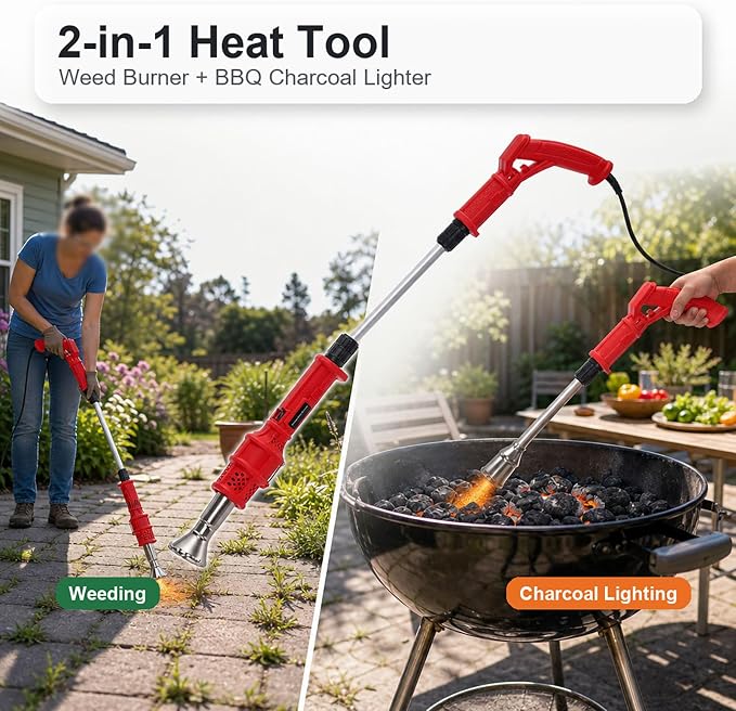 2000W Electric Thermal Weed Burner, 3-in-1 Hot Air Weed Killer with 60-650°C Dual Heat, Fast Airflow Garden Grass Remover, Portable Flame-Free Charcoal Igniter with Nozzles (red)