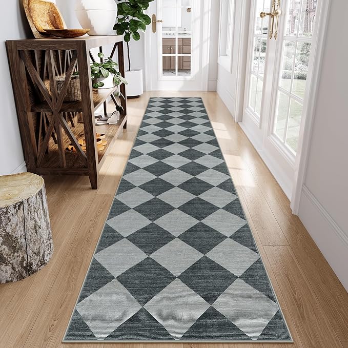 Beeiva Checkered Rug Runner for Hallways 2.5x12, Kitchen Runner Rugs Non Skid Washable Ultra Thin, Moroccan Extra Long Carpet for Bathroom Decor, Modern Plaid Carpet for Kitchen (Blue/Grey)
