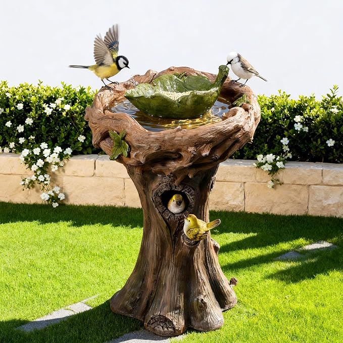 29.5" Bird Bath and Bird Feeder Combo for Garden - Tree Stump Design Resin Birdbath with Leaf Shape Seed Tray and 3D Bird Ornaments, Weather Resistant Garden Statue for Yard & Patio Decor (Brown)