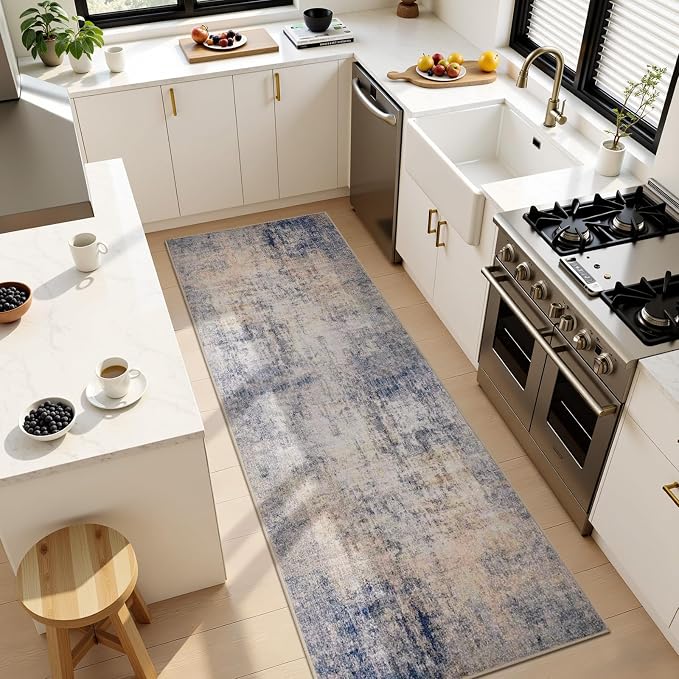 Joydeco 2x6 Runner Rug Modern Abstract Machine Washable Rug – Low Pile Faux Wool with Non-Slip Backing, Neutral Print Carpet Runner for Hallway, Kitchen, Entryway, Laundry and Bedroom, Beige&Blue&Pink