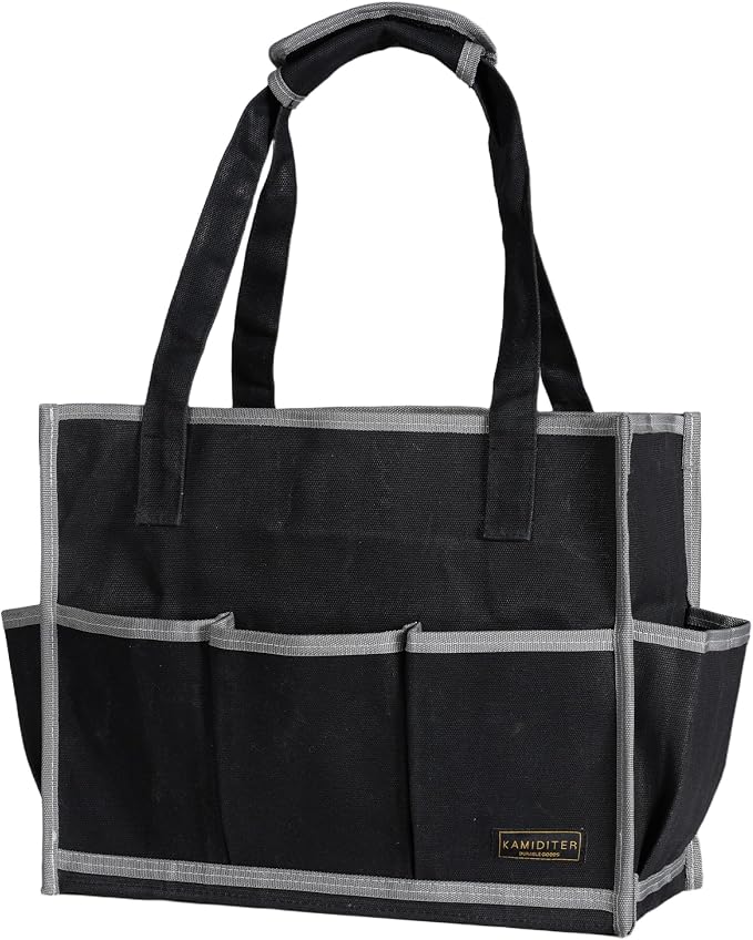 Waxed Canvas Tool Pouch,1 Large Capacity Pocket & 14 Pockets Garden Tool Storage Bag, 14.5 X 6.5 X 11 inch Muti-Purpose Tool Bag with Padded Handle | Black