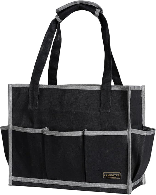 Waxed Canvas Tool Pouch,1 Large Capacity Pocket & 14 Pockets Garden Tool Storage Bag, 14.5 X 6.5 X 11 inch Muti-Purpose Tool Bag with Padded Handle | Black