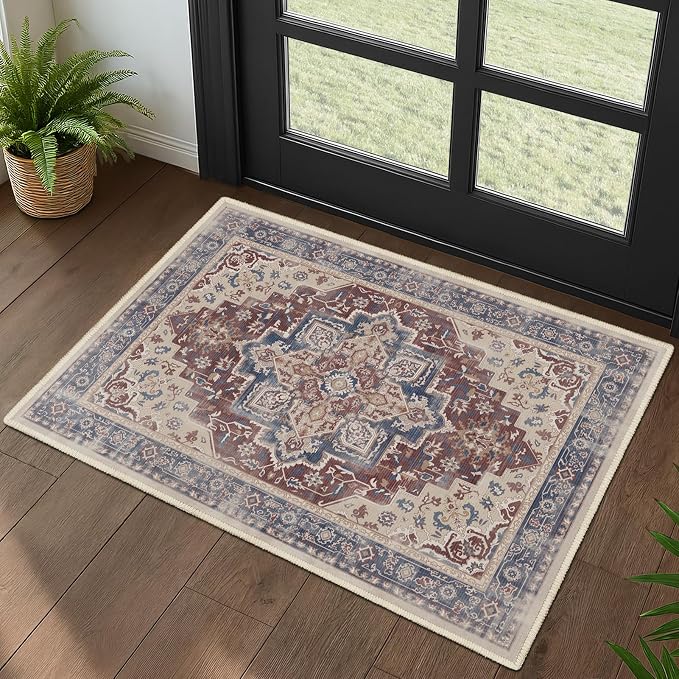 Maroon Blue 2x3 Entryway Rug, Modern Vintage Washable Kitchen Rugs Non Slip, Ultra Thin Medallion Door Mat Indoor Entrance Back Front Door, Small Rug for Inside Entry/Foyer/Bathroom/Bedside