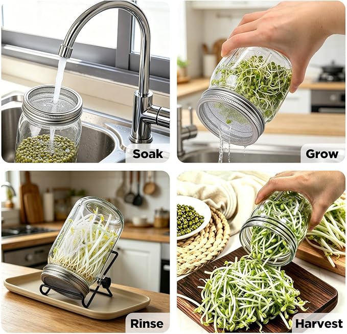 2PCS 1000ML Sprouting Jars with 86mm Wide Mouth Mason Jar with Stainless Steel Screen Sprout Lids,3.7X6.5 inches Sprouts Growing Kit,Organic Seed Sprouting Jar Kit