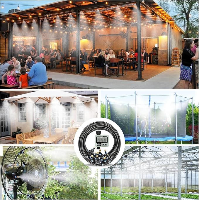 Timer Outdoor Water Misting Cooling System,50FT|15M,Automatic Misters for Outside Patio,with Sprinkler Control Mist Hose Kit for Garden,Drip Irrigation,Fan,Deck,Canopy,Pool,Trampoline Sprinkler Park