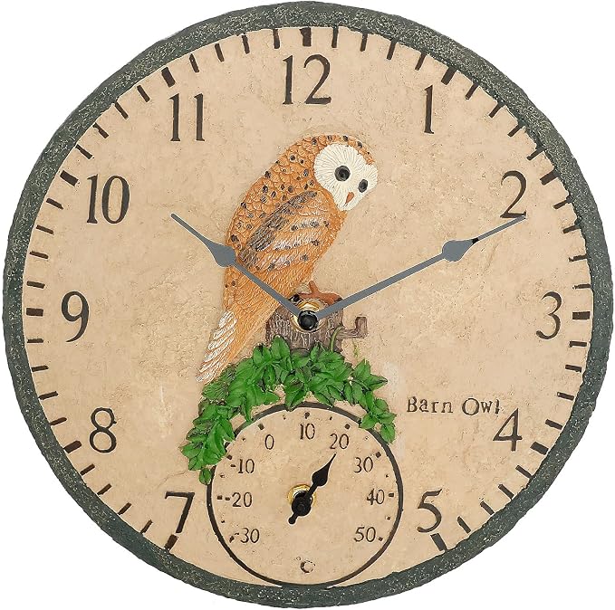 Outdoor Clock with Thermometer, Poly Resin Indoor and Outdoor Clock, Hanging Wall Clock, 12 Inch Retro Waterproof Wall Clocks for Patio, Pool, and Indoor Areas (Owl)