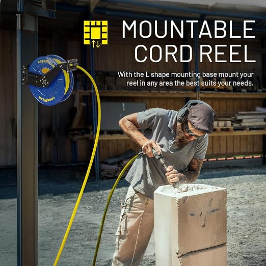 GOODYEAR Air Hose Reel Retractable 3/8" Inch x 50' Feet Long Premium Commercial SBR Hose Max 300 Psi Reinforced Steel Construction Heavy Duty Spring Driven Industrial Dual Arm & Pedestal