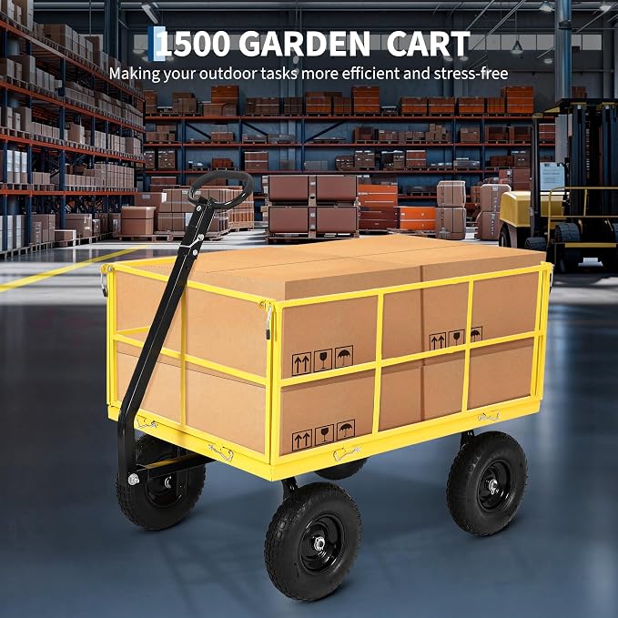 Garvee 1500 LB Heavy Duty Garden Wagon Cart, Outdoor Metal Utility Trailer | 13 in All Terrain Tires, 3-in-1 Yard Wagon Cart with Removable Side Panels for Outdoor Lawn, Yard, Backyard