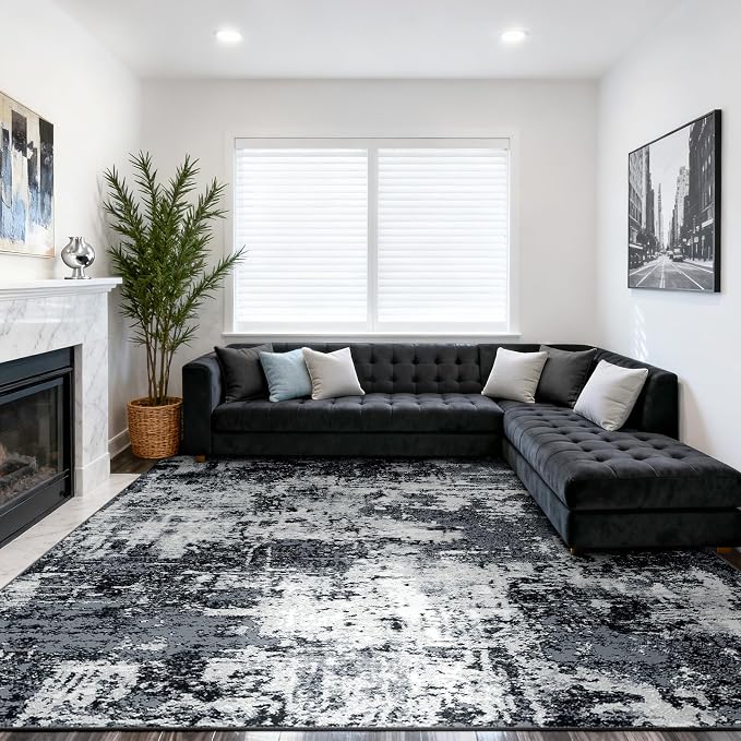 RELEANY Washable 10'x14' Abstract Area Rug for Living Room Black White | Carpet for Bedroom, Kitchen, Office, Hallway and Entryway, Printed Pattern, Non‑Slip, Soft, Stain‑Resistant, Easy to Clean