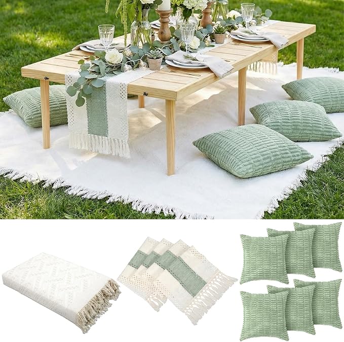 Beeveer 8 Pcs Sage Green Picnic Kit Extra Large Outdoor Boho Picnic Blanket 91x71'', Low Table Runner, 6 Throw Pillow Covers, Woven Cotton Yarn Oversize Washable Beach Blanket for Camp Wedding Garden
