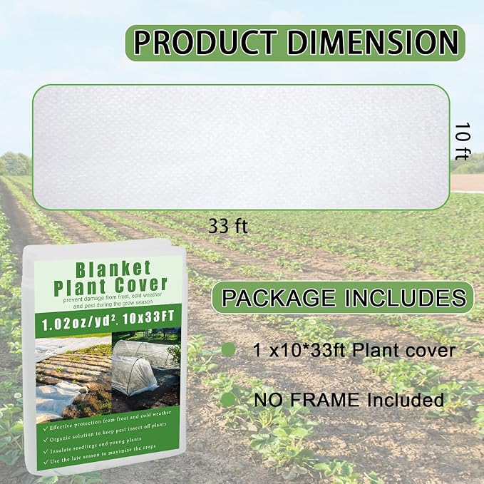 Plant Covers Freeze & Sun Protection, 10x33ft Thickened Reusable Frost Blanket, Non-Woven Row Cover Garden Fabric for Winter Frost, Cold Weather,and Sun Protection for Outdoor Plants, Vegetables