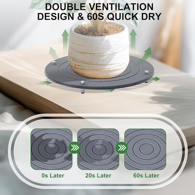 2Pcs 12 Inch Plant Saucers for Indoors, Instant Dry Diatomaceous Earth Plant Saucer, Plant Trays for Pots with Stainless Steel Feet, Plant Water Catcher Tray, Gray