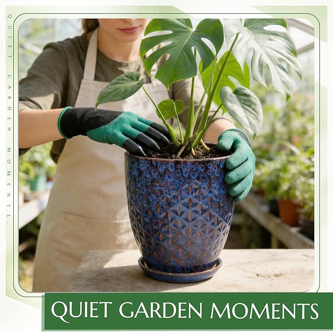 9.5 Inch Flower Pots for Indoor Plants,Ceramic Planter with Saucer Drainage Leak-Proof Mesh Gardening Gloves (Peacock-Blue)