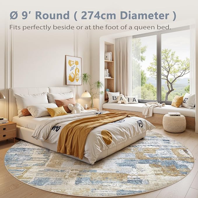 kakania Abstract 9x9 Round Rugs for Living Room: Circle Rugs 9FT Blue | Washable, Soft, Non-Slip, Low-Pile, Pet & Kid Friendly - Large Modern Home Decor Carpet for Bedroom/Dining Room/Nursery