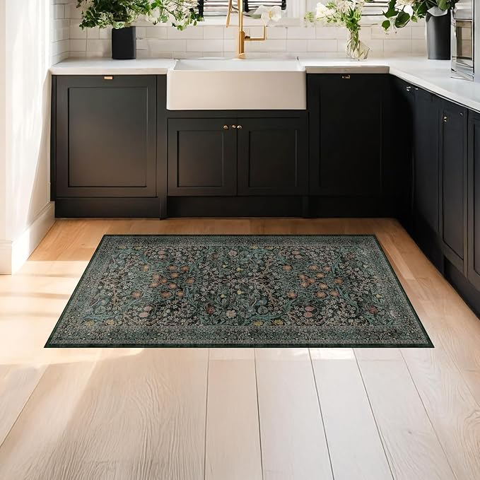 Dark Green 2x4 Rug Runner, Entryway Rugs, Small Runners for Kitchen, Door Mat Indoor Entrance, Bathroom, Non-Slip Low-Pile Washable Stain Resistant, Vintage Floral Design