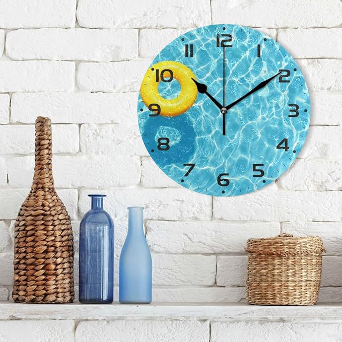 Blue Swimming Pool Wall Clock, Silent Non Ticking 10 Inch Battery Operated Wall Clocks, Easy to Read Clock for Home Kitchen Living Room Bathroom Office Decor