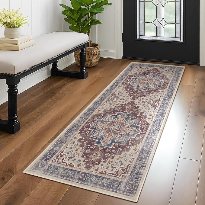 Maroon Blue 2x6 Hallway Runner Rug, Carpet Runners 6ft for Kitchen Non Slip Washable, Modern Vintage Floor Runner for Entryway Foyer, Medallion Rug Runner for Bathroom Bedroom Laundry Room