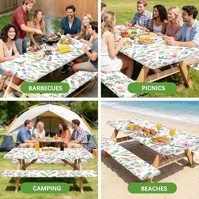 Picnic Table Cover with Bench Covers Elastic Edges, 3 Pcs Flower Fitted Table Cover with Drawstring Bag, Waterproof Windproof Aesthetic Camping Tablecloth, Outdoor Camping Essentials 72 Inch