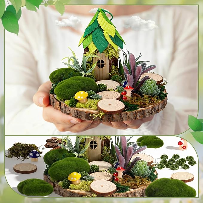 Amyhill DIY Fairy Garden Kit Make Your Own Wooden Mini House Craft Kit Miniature Fairy Garden Accessories Micro Mushrooms Plants Ornaments Craft for Outdoor Indoor Mini House Decor