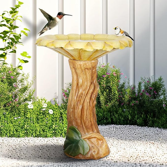 SKYFIRE 24.4" Outdoor Bird Bath -Concrete Birdbaths & Supports with Sunflower Birdbath Bowl and Woodtone Pedestal for Garden, Patio, Lawn, Yard -19.6”Dia. X 24.4”H Garden Decor Statue Bird Baths