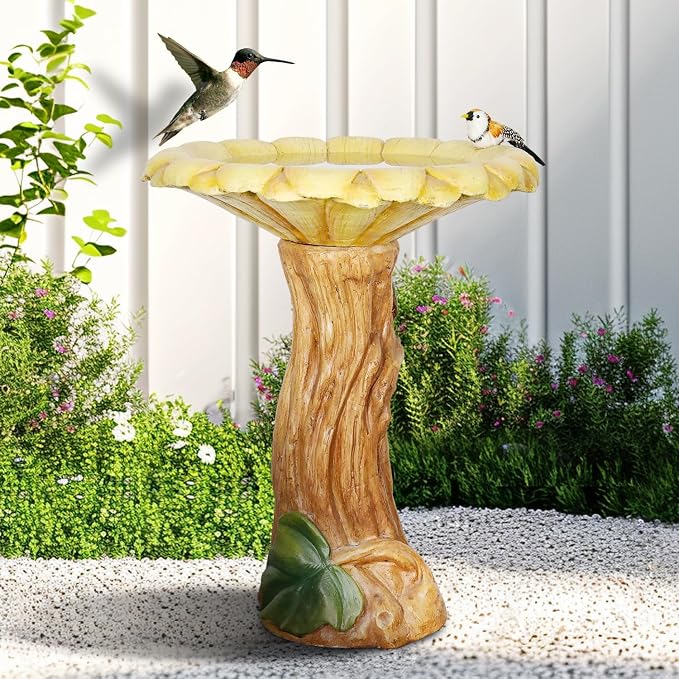 Concrete Birdbath for Outdoors with Sunflower Shape - 24.4" H * 19.6" Φ Standing Bird Bath for Outsides Use, Easy Installation and Maintenance