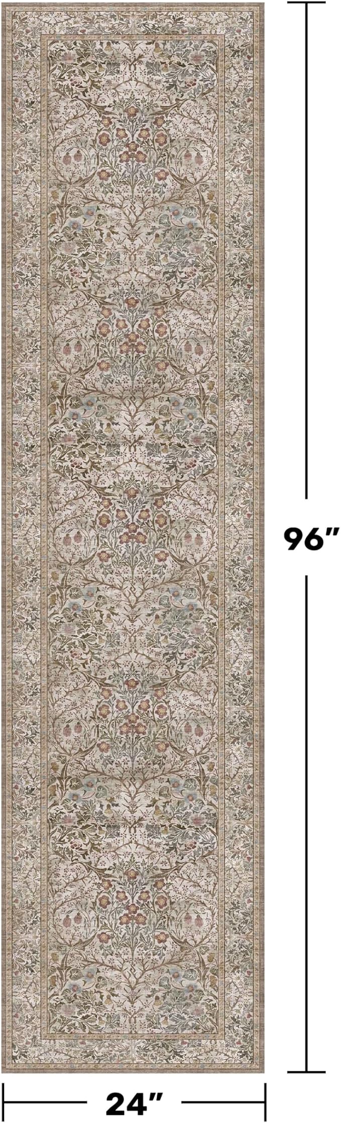 2x8 Moss Green Washable Bathroom Runner Rug - Non Slip Floral Rugs for Entryway Indoor, Kitchen - Vintage Floral Design Orenital Home Décor, Stain Resistant Carpet