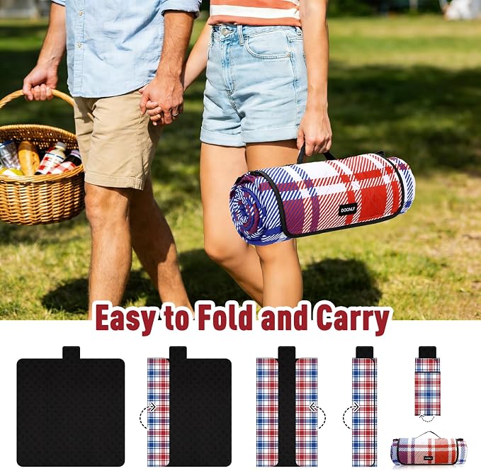 Doonly Picnic Blanket, Large Waterproof Sandproof Beach Blanket, Foldable Outdoor Blanket Picnic Mat for Beach, Camping, Park, Grass, Lawn, Travel, Patriotic Red White and Blue