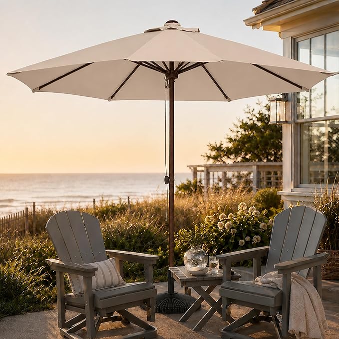 9FT Patio Umbrella, Outdoor Table Umbrella with Rope Pulley Lift, 3 Adjustable Heights, Market Umbrellas for Backyard, Pool and Deck, UPF50+