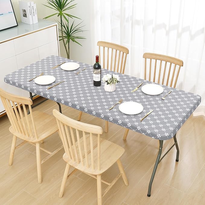 misaya Rectangle Vinyl Table Cloth, Elastic Fitted Tablecloth with Flannel Backing, Waterproof Plastic Table Cover Fits 8 Foot Folding Tables for Picnic, Camping and Outdoor (Light Grey, 30" x 96")
