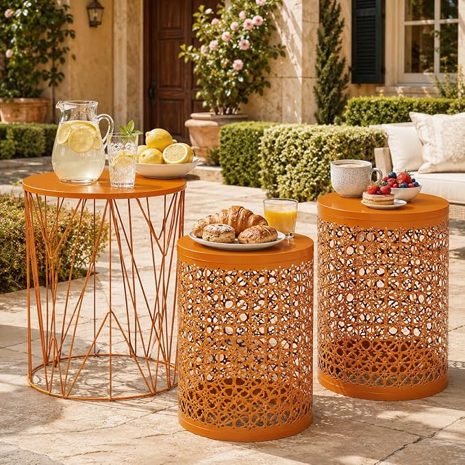 Y&M Outdoor Side Tables Set of 3, Metal Stacking Accent Tables, Round Patio Side End Tables for Outside, Poolside, Garden, Balcony, Indoor & Outdoor, Orange