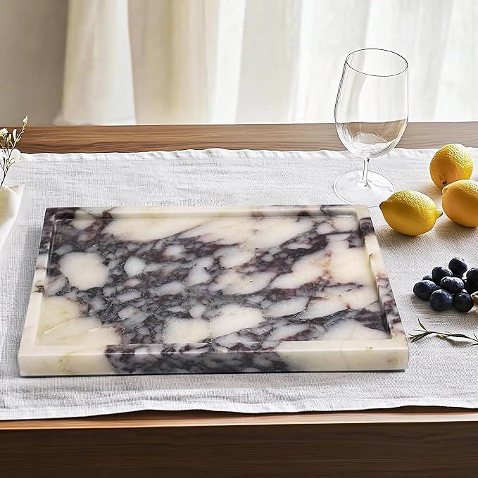 YMXYJM 100% Real Luxury Natural Marble Vanity Tray Genuine Calacatta Viola Marble Stone Storage Trays for Home Decor Bathroom Vanity Dresser Kitchen, Non-Resin/Non-Ceramic, 11.7" x 7.8"