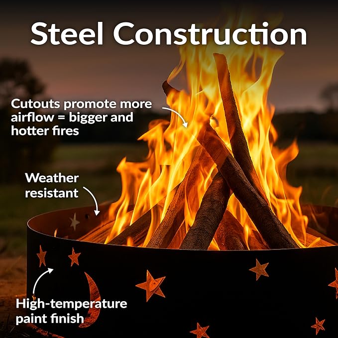 Sunnydaze 36-Inch Outdoor Fire Ring - Portable Metal Fire Pit Ring for Camping or Backyard - 360-Degree Moons and Stars Cutout - Big Sky