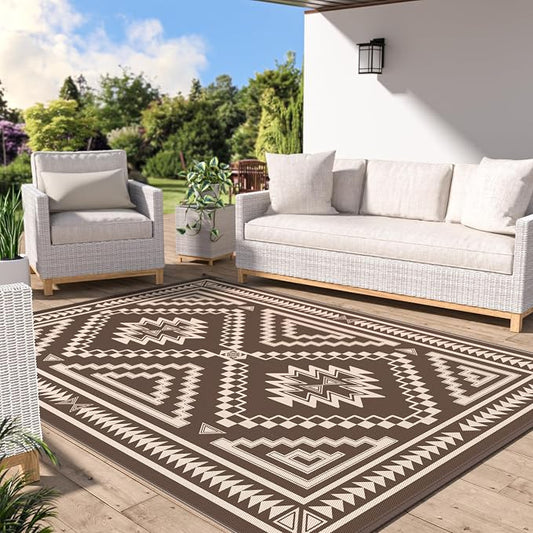 GENIMO Outdoor Rug for Patio Clearance - 5x8 ft Waterproof Plastic Camping Rugs, Reversible Outside Rv Mat Carpet for Porch, Deck, Picnic, Balcony, Beach, Backyard, Coffee Beige
