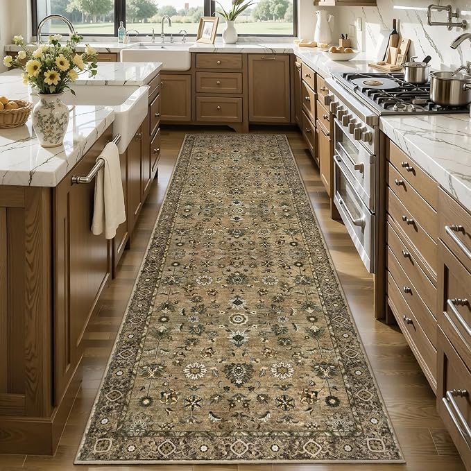 Tangsoo Brown 3x8 Washable Runner Rugs for Hallway, Runner Rugs Non Slip | Vintage Soft Low Pile Long Rug Runner, Boho Farmhouse Indoor 8ft Carpet Runners for Kitchen Bedroom Living Room Home Decor