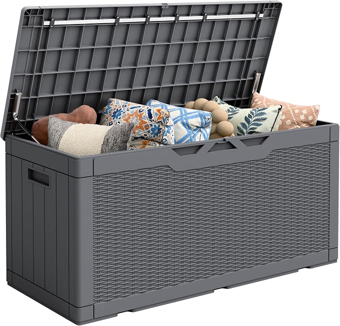Flamaker Outdoor Storage Box 100 Gallon Waterproof Resin Deck Box Delivery Box with Air Rod Indoor Outdoor Lockable Storage Bench for Patio Cushions, Tools, Pool Accessories (Gray)
