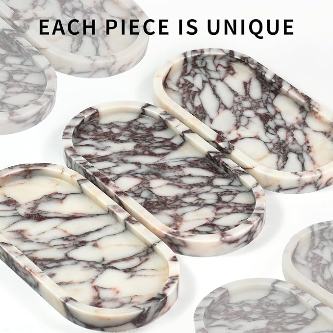 Violet Marble Oval Tray - Stone Decorative Perfume Trinket Jewelry Dish, Catchall Organizer for Bathroom Vanity Dresser Kitchen Countertop Home Decor