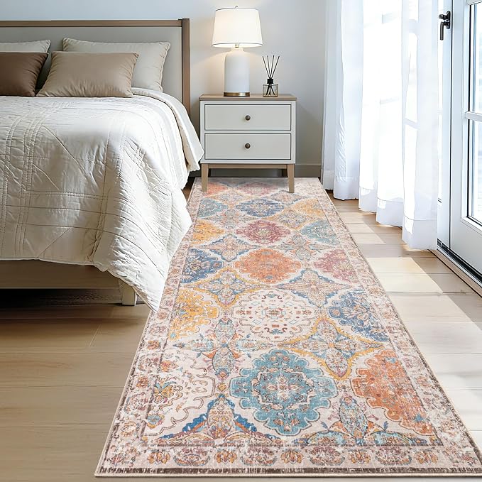 Moroccan Vintage Distressed Boho Geometric Colorful 2.7x8 Runner Rug | Floral Washable Non Slip Throw Floor Long Carpet Runner for Hallway Entryway Kitchen Bathroom Bedroom Livingroom Rug