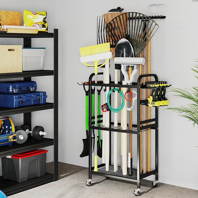Hadulcet Garden Tool Organizer, Metal Garage Organization and Storage with Lockable Wheels, Garden Tool Rack with Storage Hooks, Heavy Duty Yard Tool Organizer for Garage, Shed, Lawn, Outdoor, Black