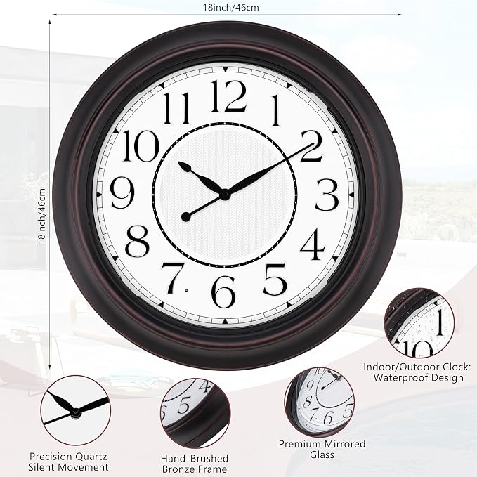 Retro Large Illuminated Outdoor & Indoor Wall Clock 18 Inch, Glow in The Dark Classic Clock with Smart Light Sensor Battery Operated, Vintage Night Light Clocks for Patio Garden Home Porch Pool