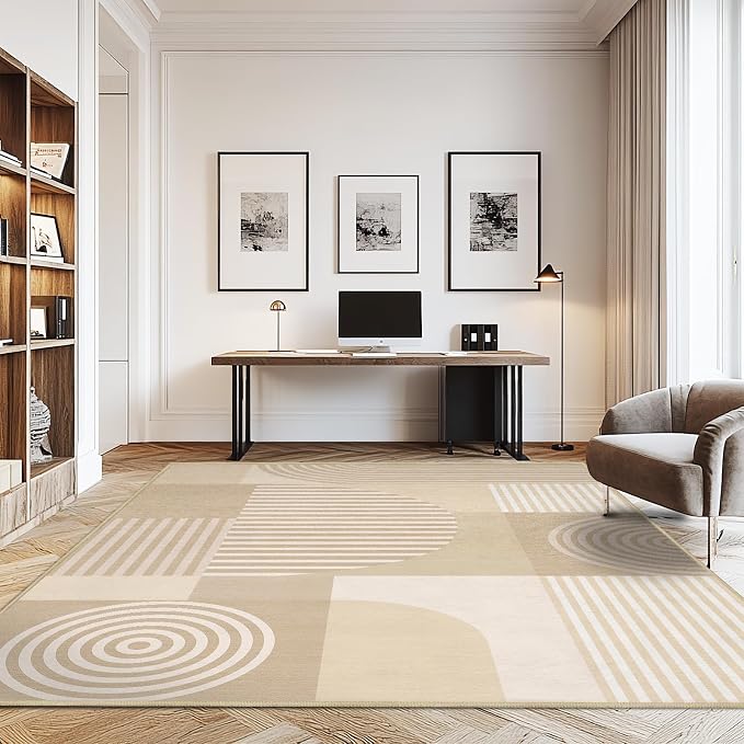 9x12 Area Rug for Living Room Beige Geometric Rug Machine Washable White Minimalist Mid Century Modern Area Rugs Non Slip Low Pile Large Dining Room Floor Carpet for Bedroom Office,Beige
