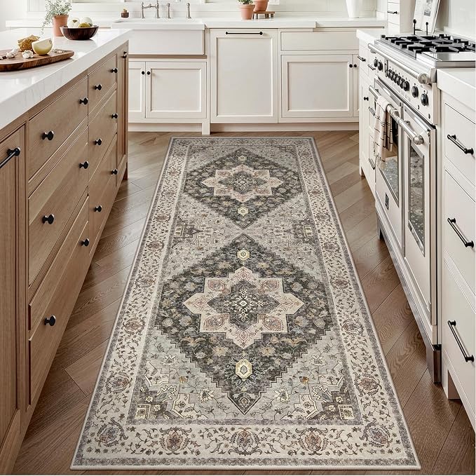 Tangsoo 2x6 Washable Runner Rugs for Hallway, Vintage Non Slip Rug Runners | Farmhouse Soft Low Pile Rug, Boho Print Carpet Runners for Kitchen Bedroom Entryway Bathroom Living Room Grey/Multi Decor