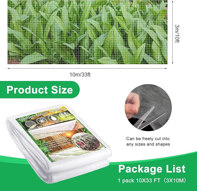 10 X 33FT Garden Mesh Insect Netting Pest Barrier, Garden Bug Netting Plant Mesh for Raised Beds Blueberry Bushes, Figs, Plants, Vegetables Protection