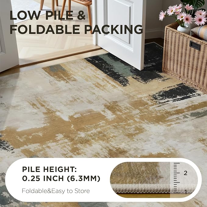 Joydeco 5x7 Area Rugs for Living Room, Non-Slip Modern Abstract Soft Washable Rug, Low Pile Carpet for Bedroom, Dining Room, Home Office, Pet & Child Friendly, White &Beige & Dark Gray